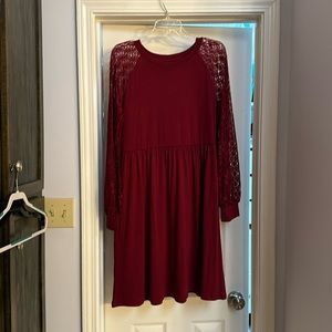 Never worn! Maroon cotton dress with cut out sleeves, cinched waist. Super comfy